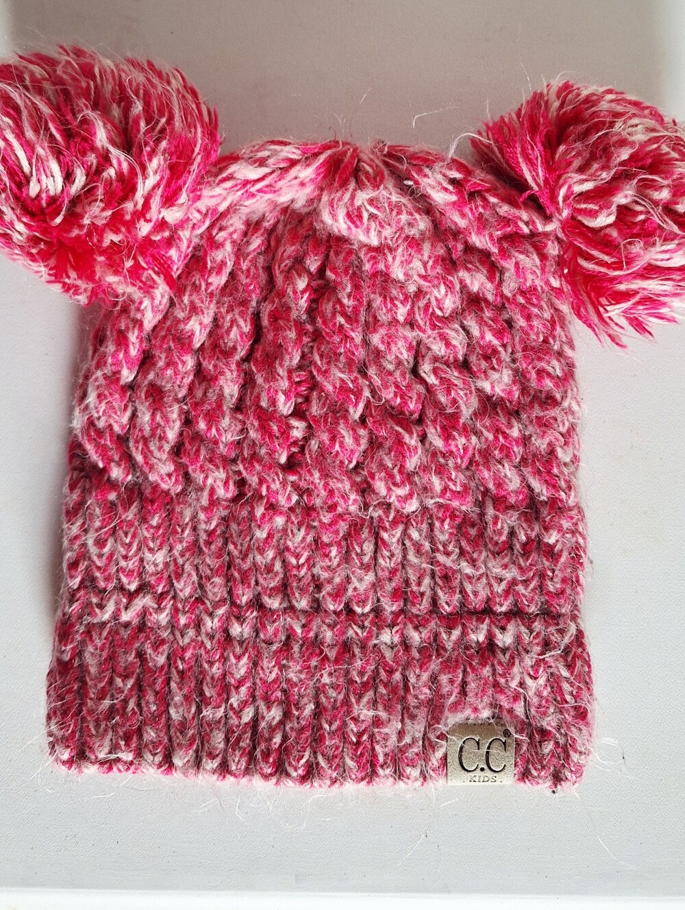 C.C Kids Pink & Cream Double Pom Pom Knit Hat
